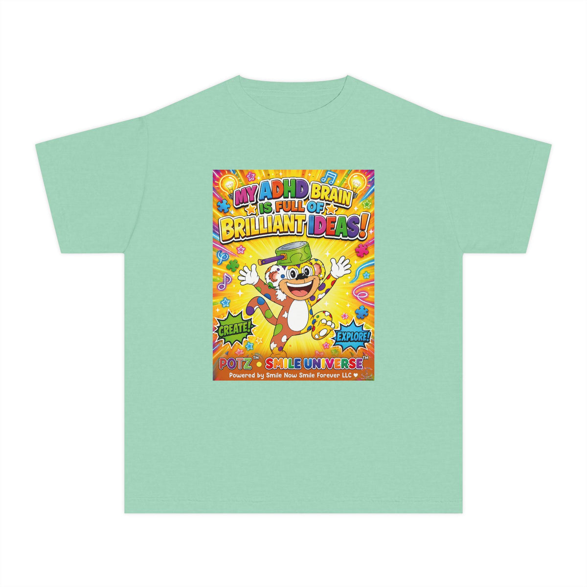 Potz™ Youth Midweight Tee – "My ADHD Brain is Full of Brilliant Ideas!" Graphic Tee | Smile Universe Collection
