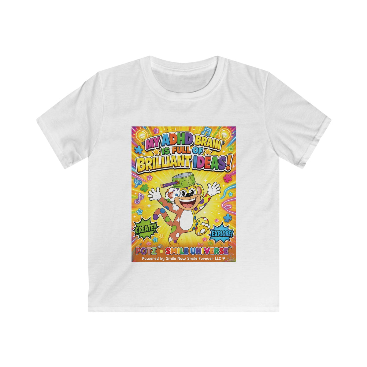 Potz™ Kids Softstyle Tee – "My ADHD Brain is Full of Brilliant Ideas!" Graphic Tee | Smile Universe Collection