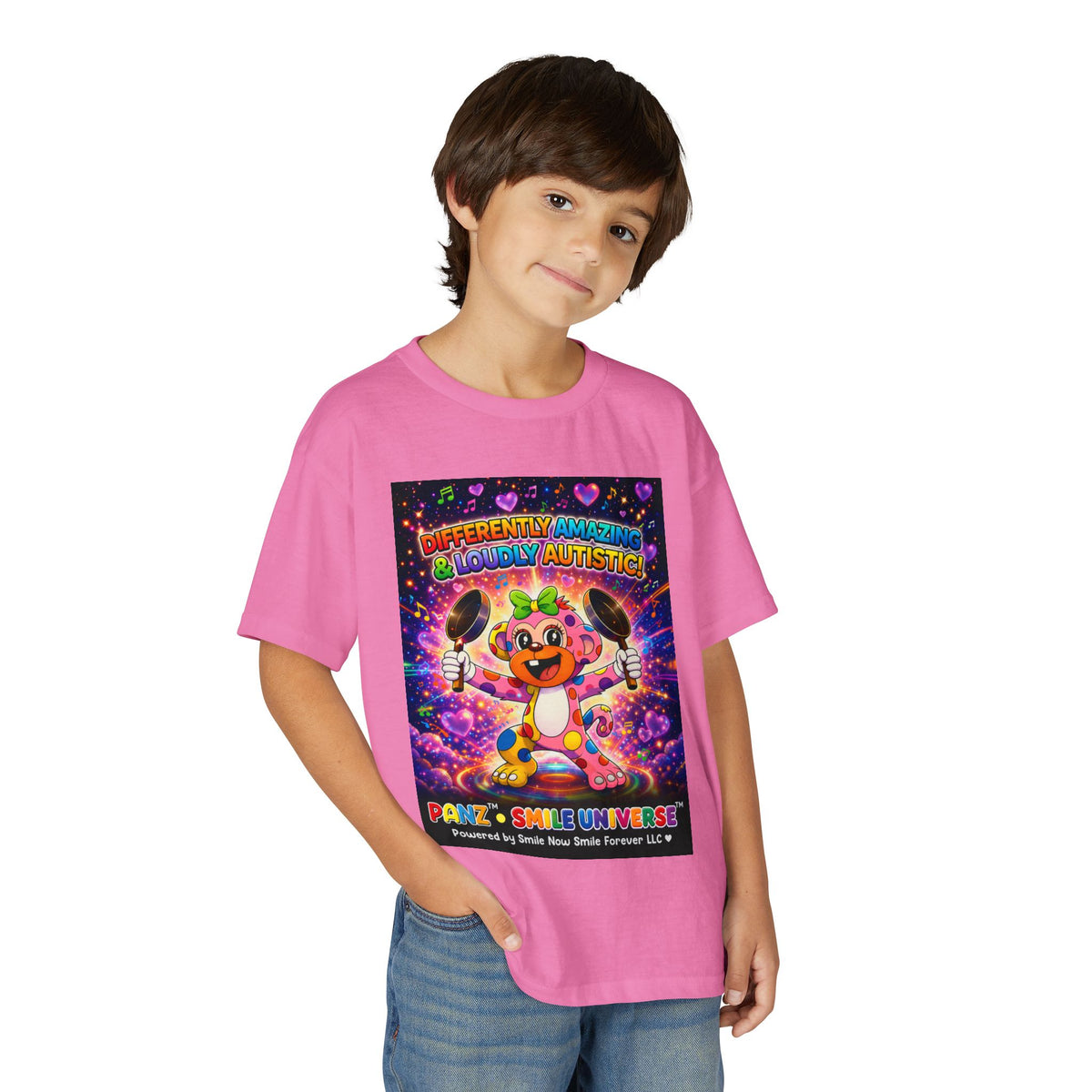 Panz™ Youth DryBlend® T-Shirt – "Differently Amazing & Loudly Autistic!" Graphic | Smile Universe Collection