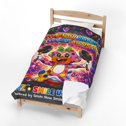 Panz™ Velveteen Plush Blanket – "Differently Amazing & Loudly Autistic!" Graphic | Smile Universe Collection
