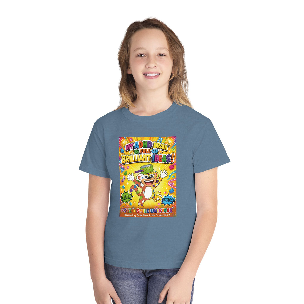 Potz™ Youth Midweight Tee – "My ADHD Brain is Full of Brilliant Ideas!" Graphic Tee | Smile Universe Collection