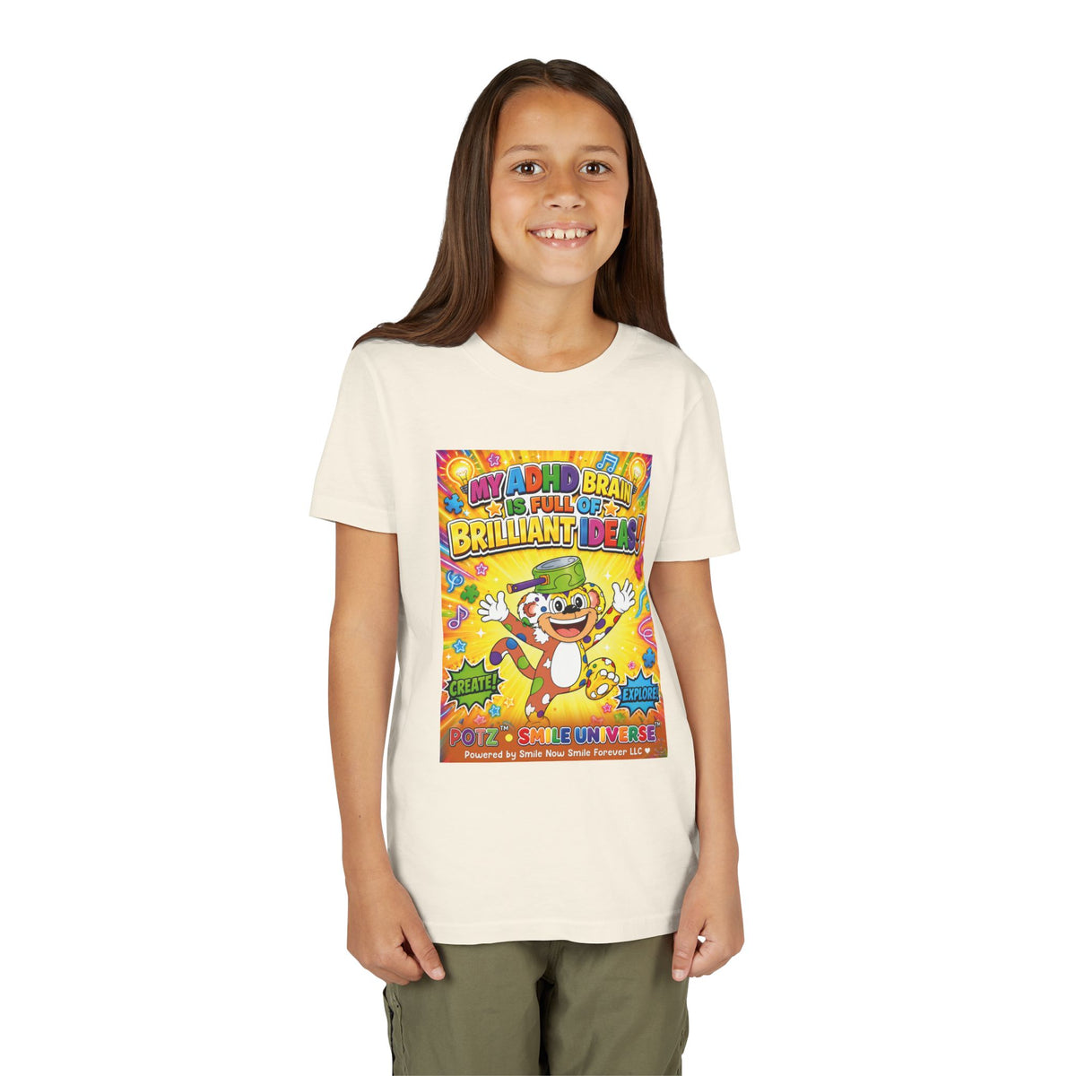 Potz™ Youth Short Sleeve Tee – "My ADHD Brain is Full of Brilliant Ideas!" Graphic Tee | Smile Universe Collection