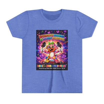 Panz™ Youth Short Sleeve Tee – "Differently Amazing & Loudly Autistic!" Graphic | Smile Universe Collection