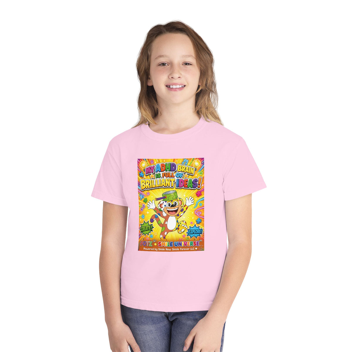 Potz™ Youth Midweight Tee – "My ADHD Brain is Full of Brilliant Ideas!" Graphic Tee | Smile Universe Collection