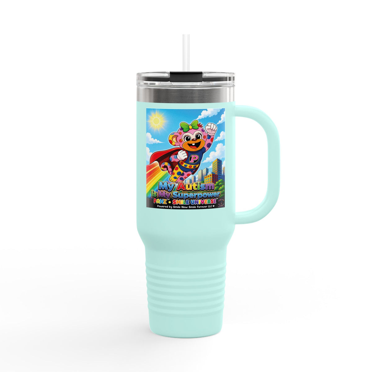 Panz™ 40oz Insulated Travel Mug – "My Autism is My Superpower" Graphic | Smile Universe Collection