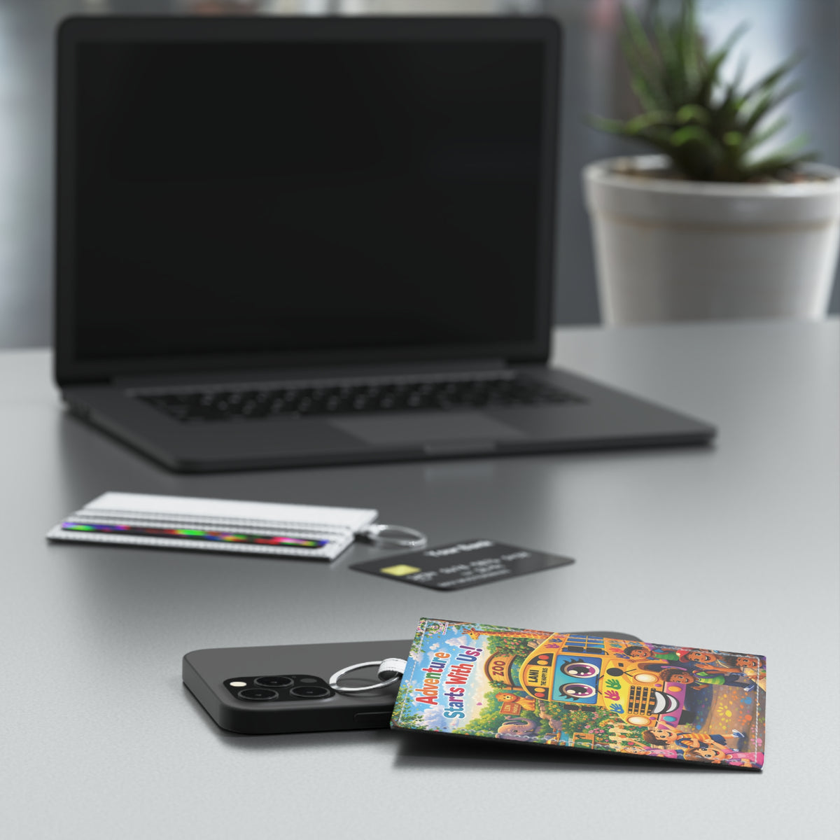 Lani™ Saffiano Leather Card Holder – "Adventure Starts With Us!" Graphic