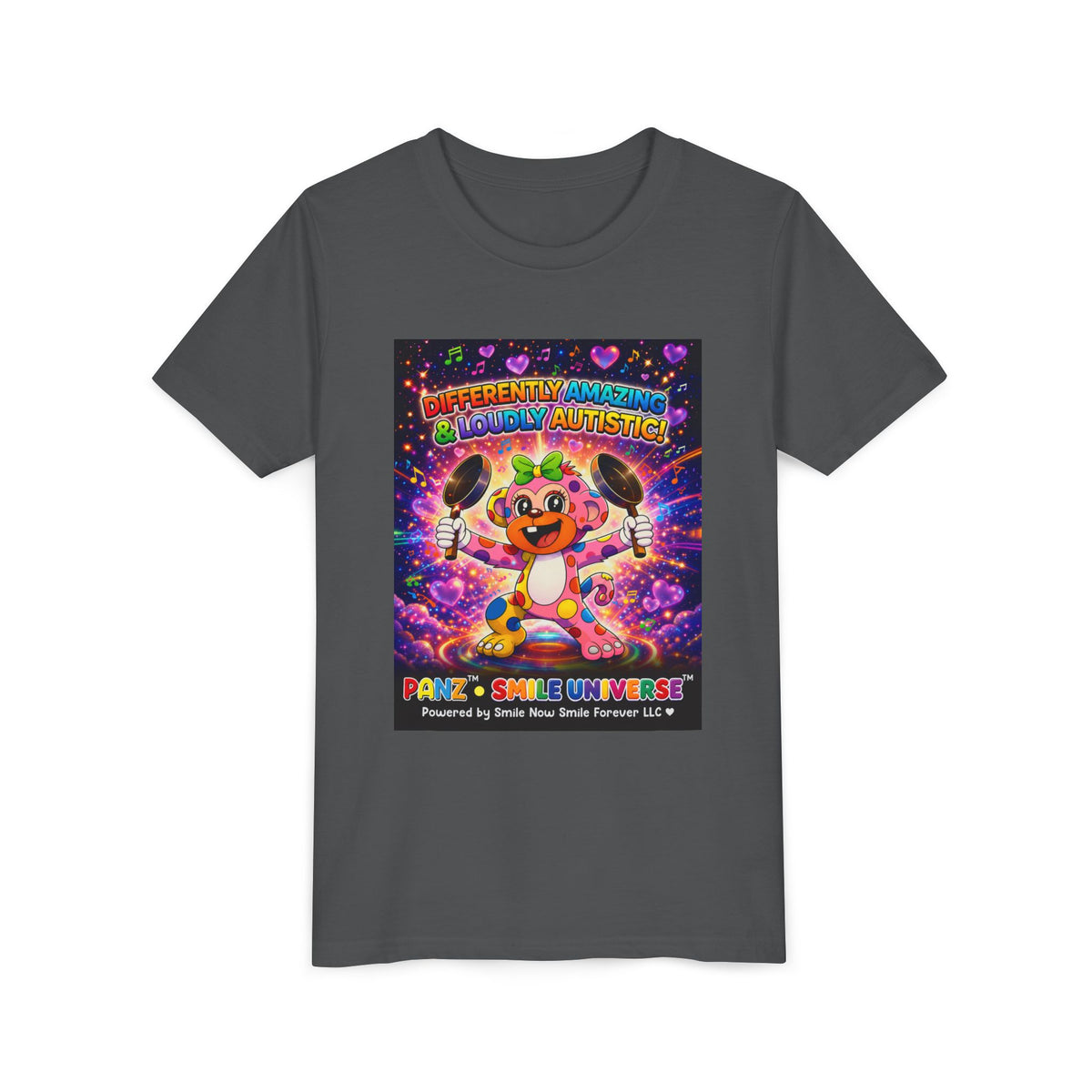 Panz™ Youth Short Sleeve Tee – "Differently Amazing & Loudly Autistic!" Graphic | Smile Universe Collection