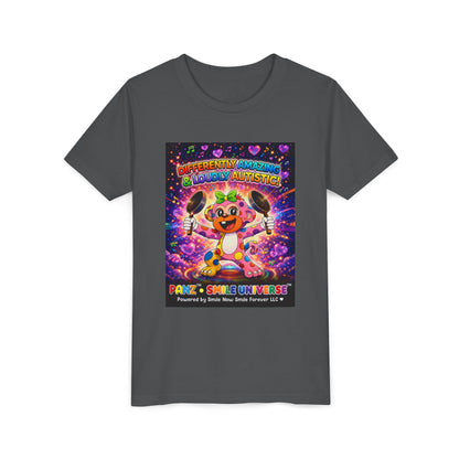 Panz™ Youth Short Sleeve Tee – "Differently Amazing & Loudly Autistic!" Graphic | Smile Universe Collection