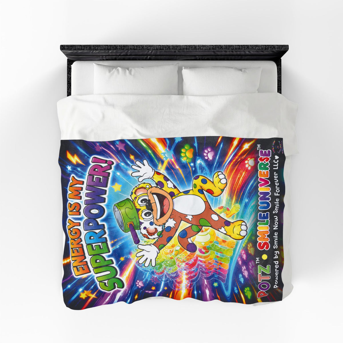 Potz™ Velveteen Plush Blanket – "Energy is My Superpower!" Graphic Throw | Smile Universe Collection