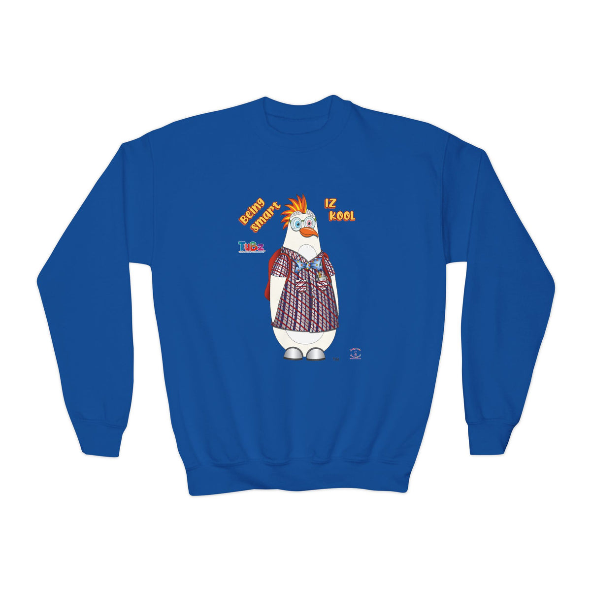 TuBz™ "Being Smart Iz Kool" Youth Crewneck Sweatshirt – Character Dress-Up Graphic Sweatshirt | Smile Universe TuBz4Kidz Collection