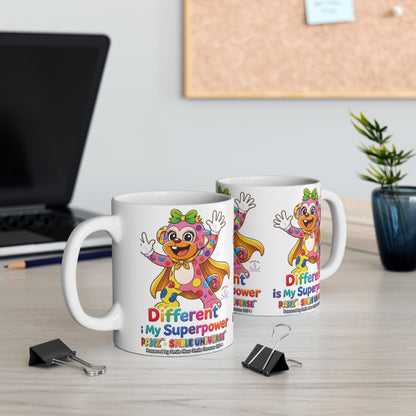 Panz™ Ceramic Mug (11oz & 15oz) – "Different is My Superpower" Graphic | Smile Universe Collection