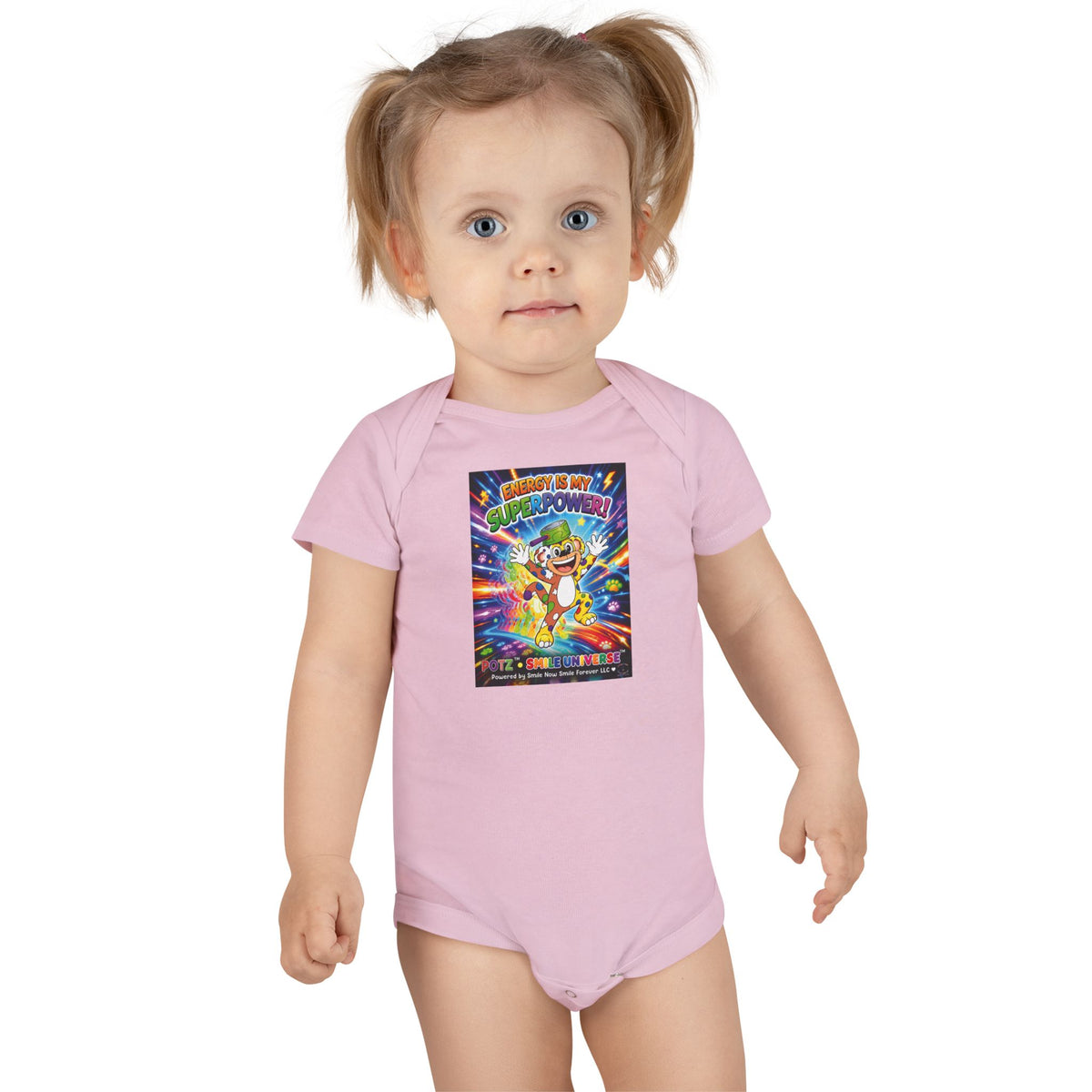 Potz™ Baby Short Sleeve Onesie® – "Energy is My Superpower!" Graphic Bodysuit | Smile Universe Collection