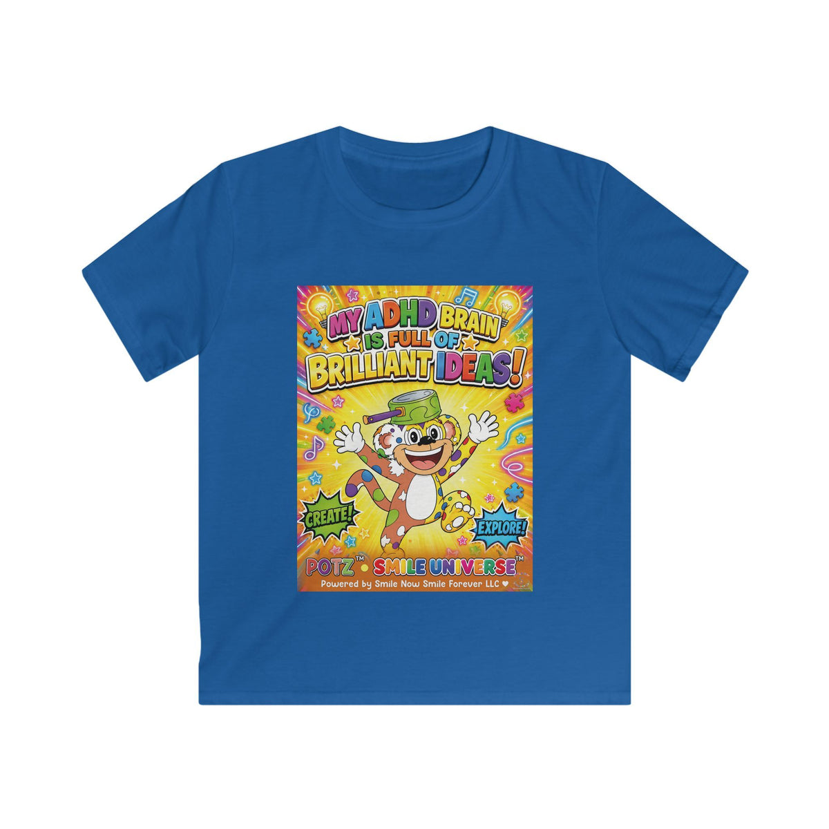 Potz™ Kids Softstyle Tee – "My ADHD Brain is Full of Brilliant Ideas!" Graphic Tee | Smile Universe Collection