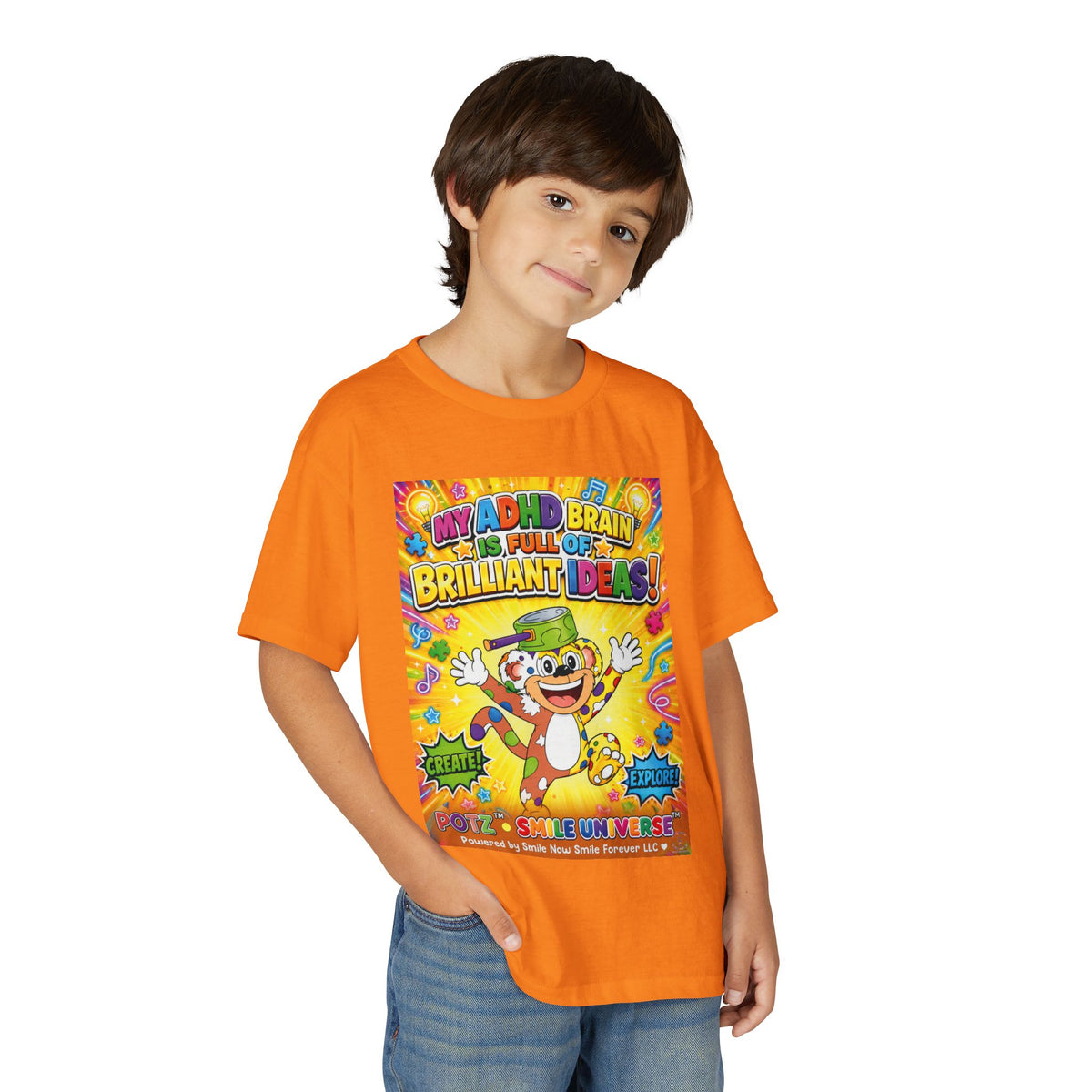 Potz™ Youth DryBlend® T-Shirt – "My ADHD Brain is Full of Brilliant Ideas!" Graphic Tee | Smile Universe Collection
