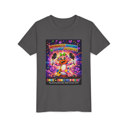 Panz™ Youth Short Sleeve Tee – "Differently Amazing & Loudly Autistic!" Graphic | Smile Universe Collection