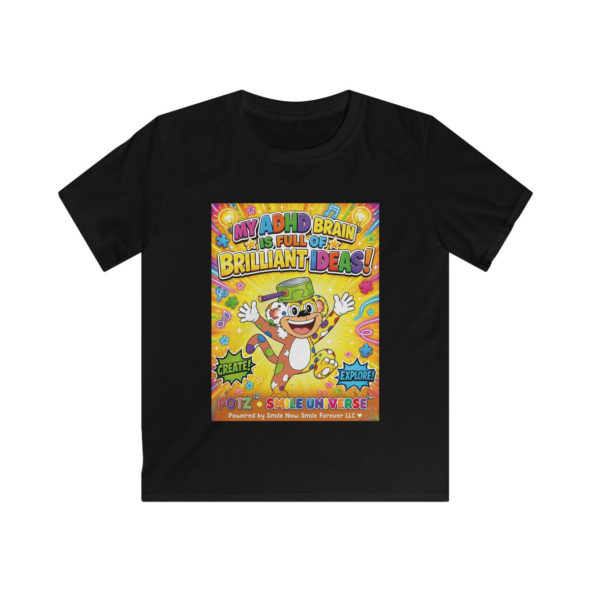 Potz™ Kids Softstyle Tee – "My ADHD Brain is Full of Brilliant Ideas!" Graphic Tee | Smile Universe Collection