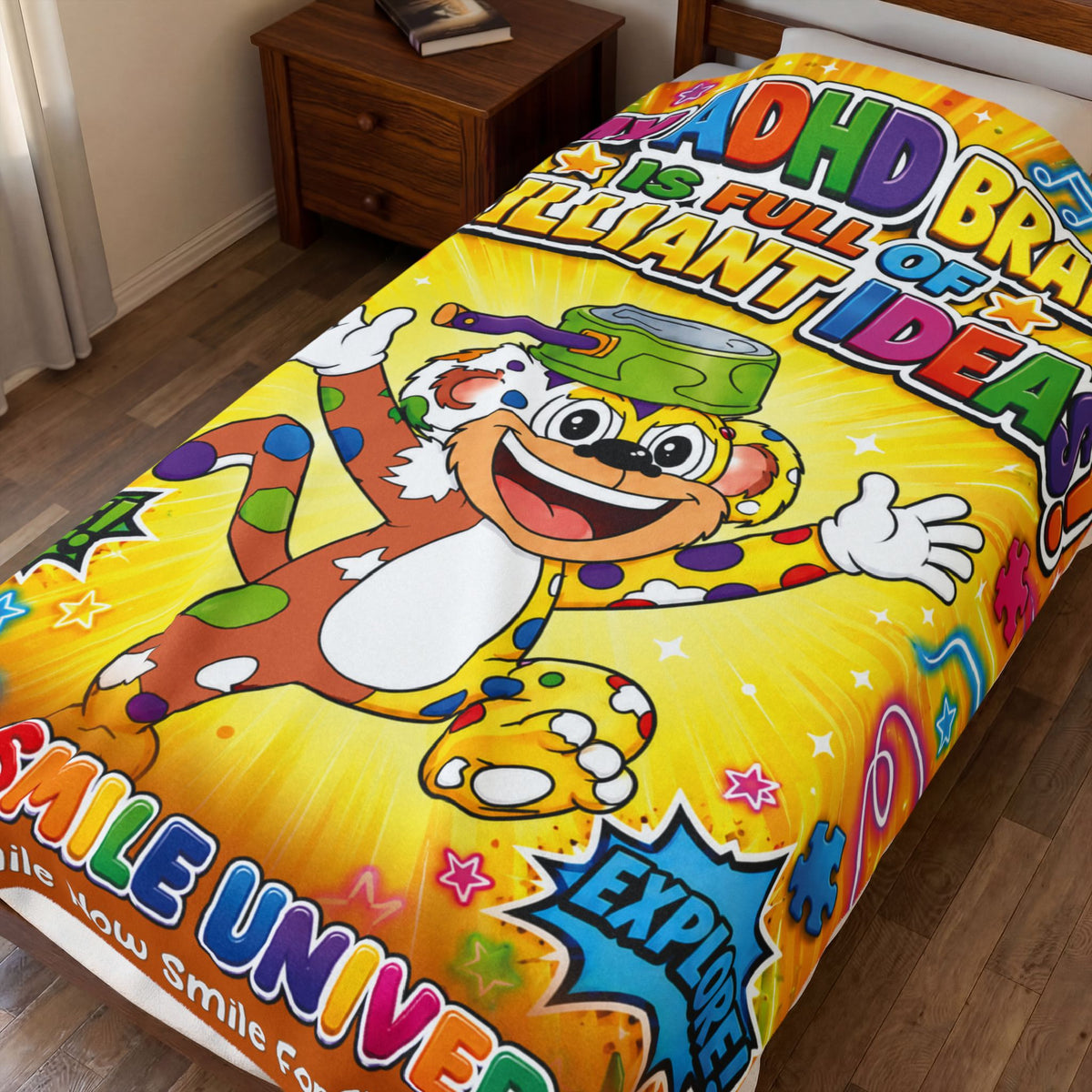 Potz™ Velveteen Plush Blanket – "My ADHD Brain is Full of Brilliant Ideas!" Graphic Throw | Smile Universe Collection