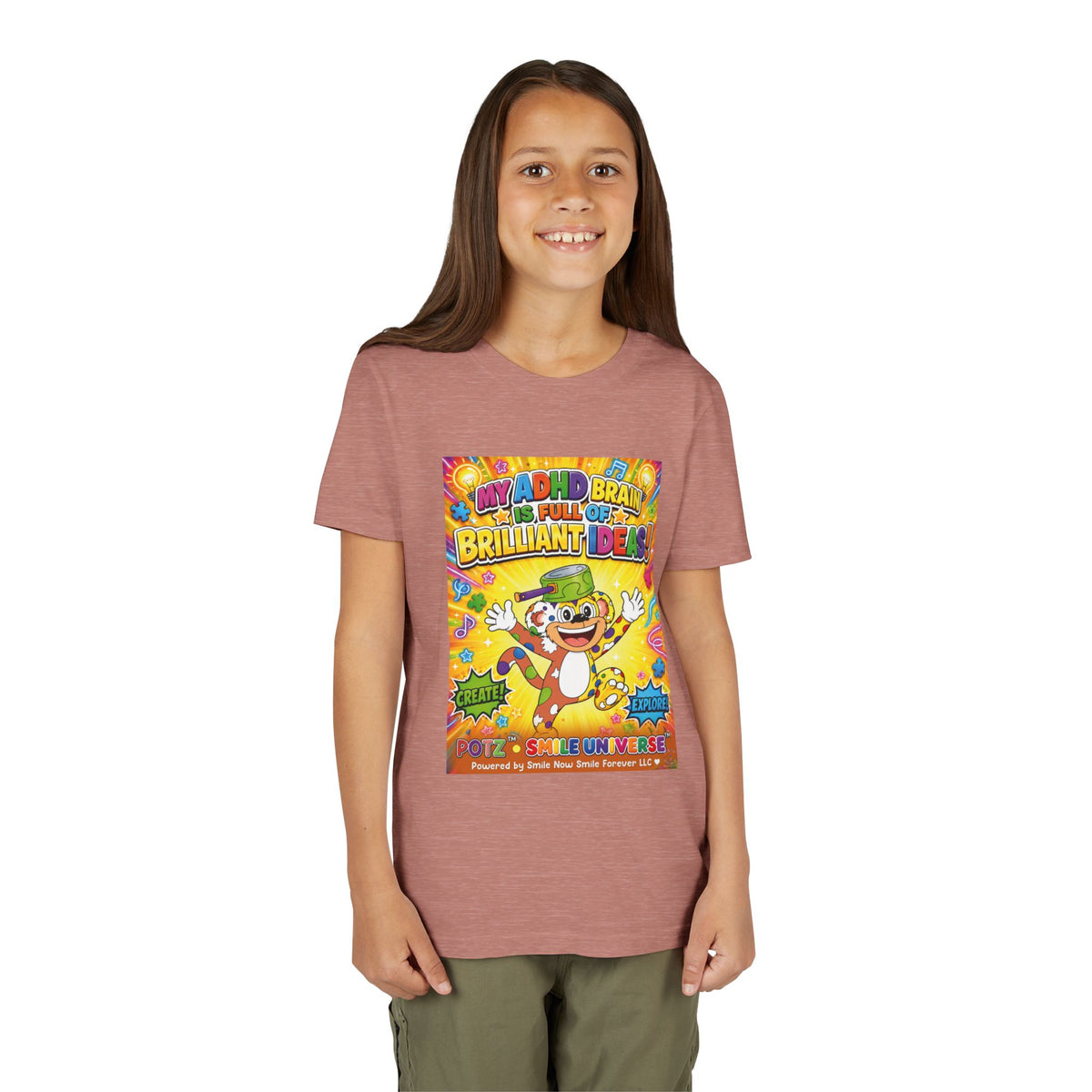 Potz™ Youth Short Sleeve Tee – "My ADHD Brain is Full of Brilliant Ideas!" Graphic Tee | Smile Universe Collection
