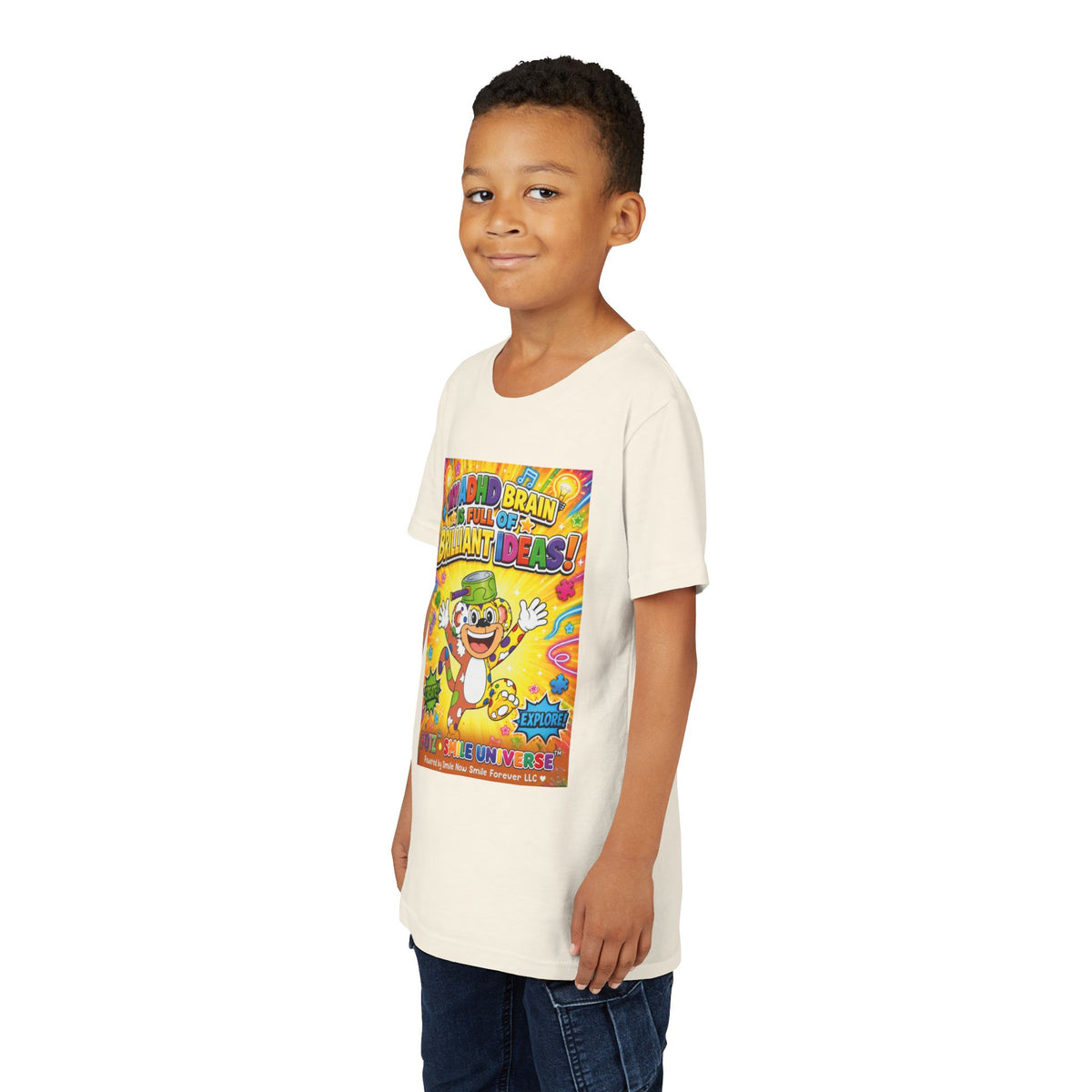 Potz™ Youth Short Sleeve Tee – "My ADHD Brain is Full of Brilliant Ideas!" Graphic Tee | Smile Universe Collection