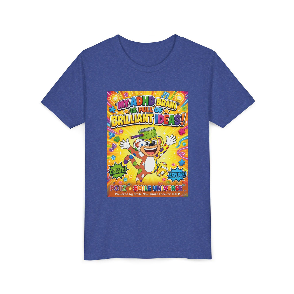 Potz™ Youth Short Sleeve Tee – "My ADHD Brain is Full of Brilliant Ideas!" Graphic Tee | Smile Universe Collection