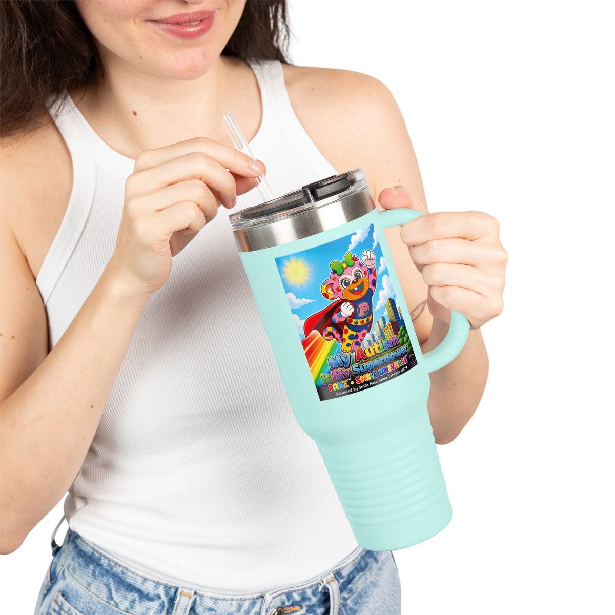Panz™ 40oz Insulated Travel Mug – "My Autism is My Superpower" Graphic | Smile Universe Collection
