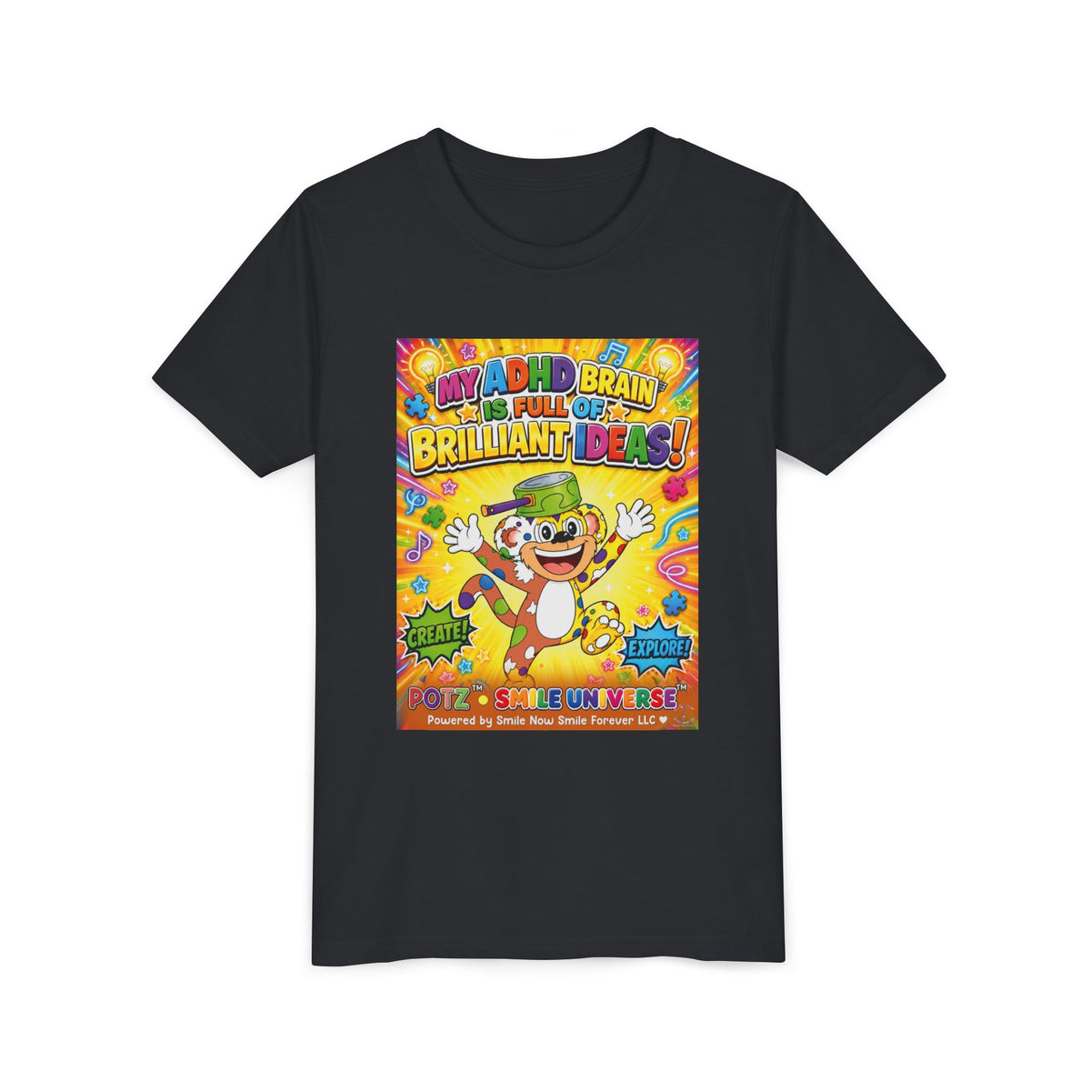 Potz™ Youth Short Sleeve Tee – "My ADHD Brain is Full of Brilliant Ideas!" Graphic Tee | Smile Universe Collection
