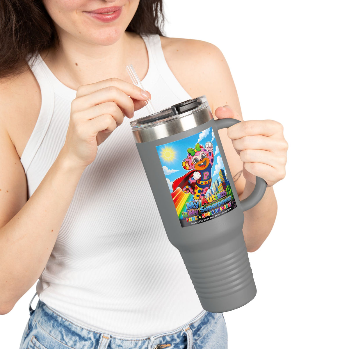 Panz™ 40oz Insulated Travel Mug – "My Autism is My Superpower" Graphic | Smile Universe Collection