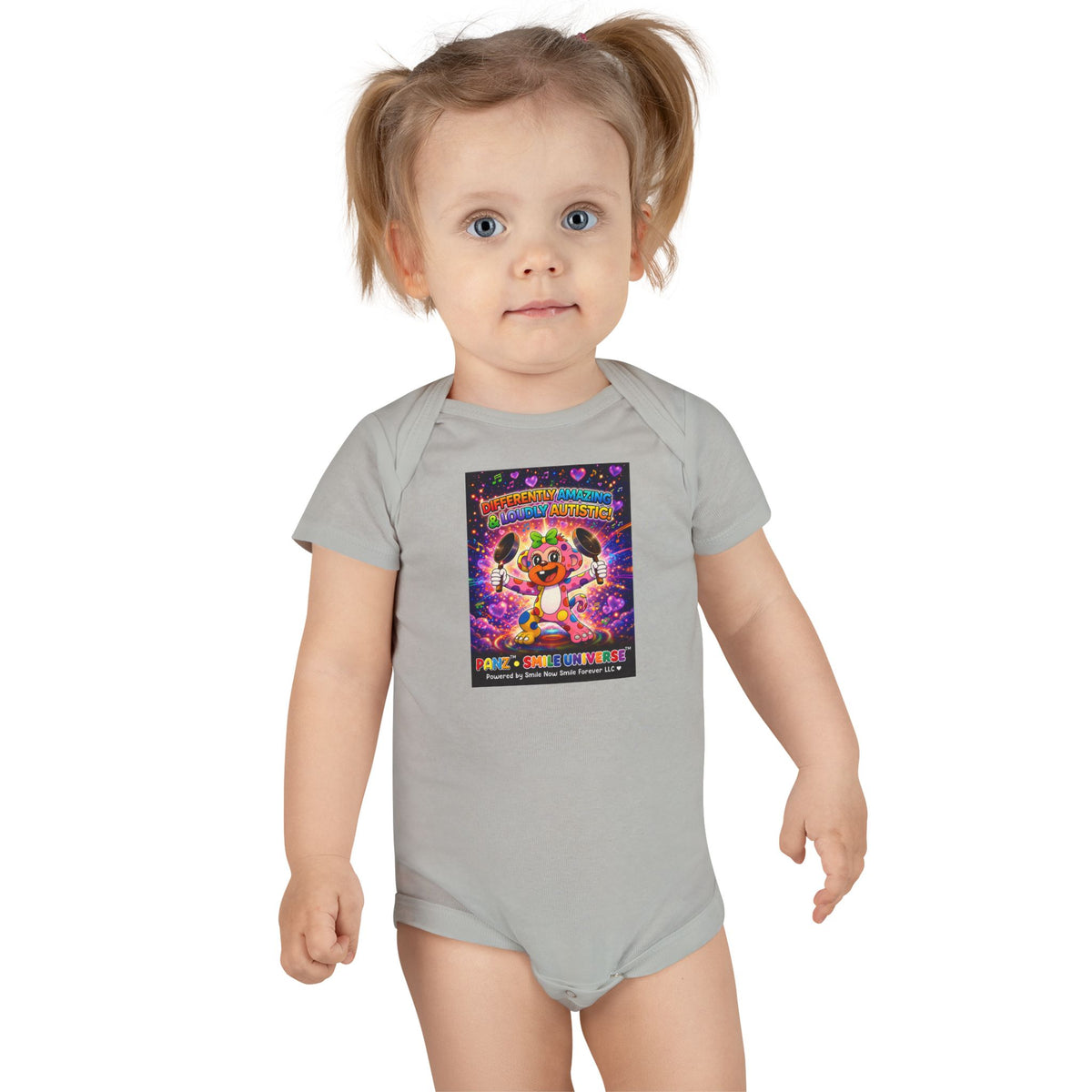 Panz™ Baby Short Sleeve Onesie® – "Differently Amazing & Loudly Autistic!" Graphic | Smile Universe Collection