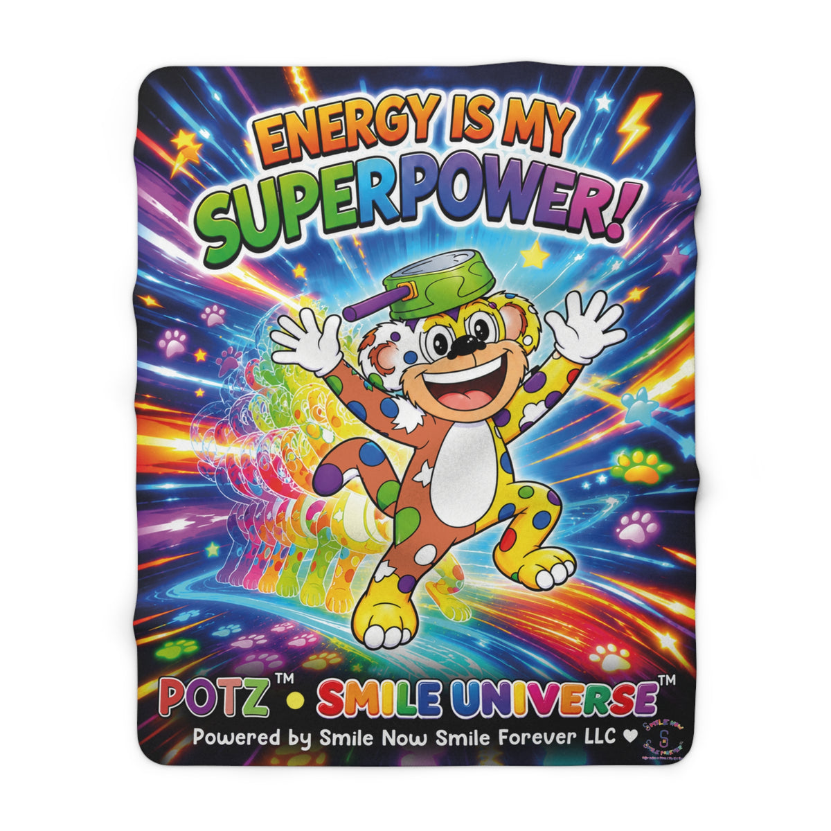 Potz™ Sherpa Fleece Blanket – "Energy is My Superpower!" Graphic Throw | Smile Universe Collection