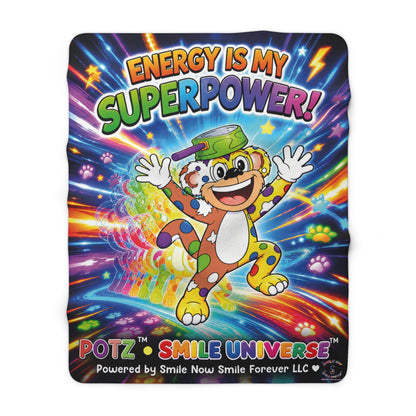 Potz™ Sherpa Fleece Blanket – "Energy is My Superpower!" Graphic Throw | Smile Universe Collection