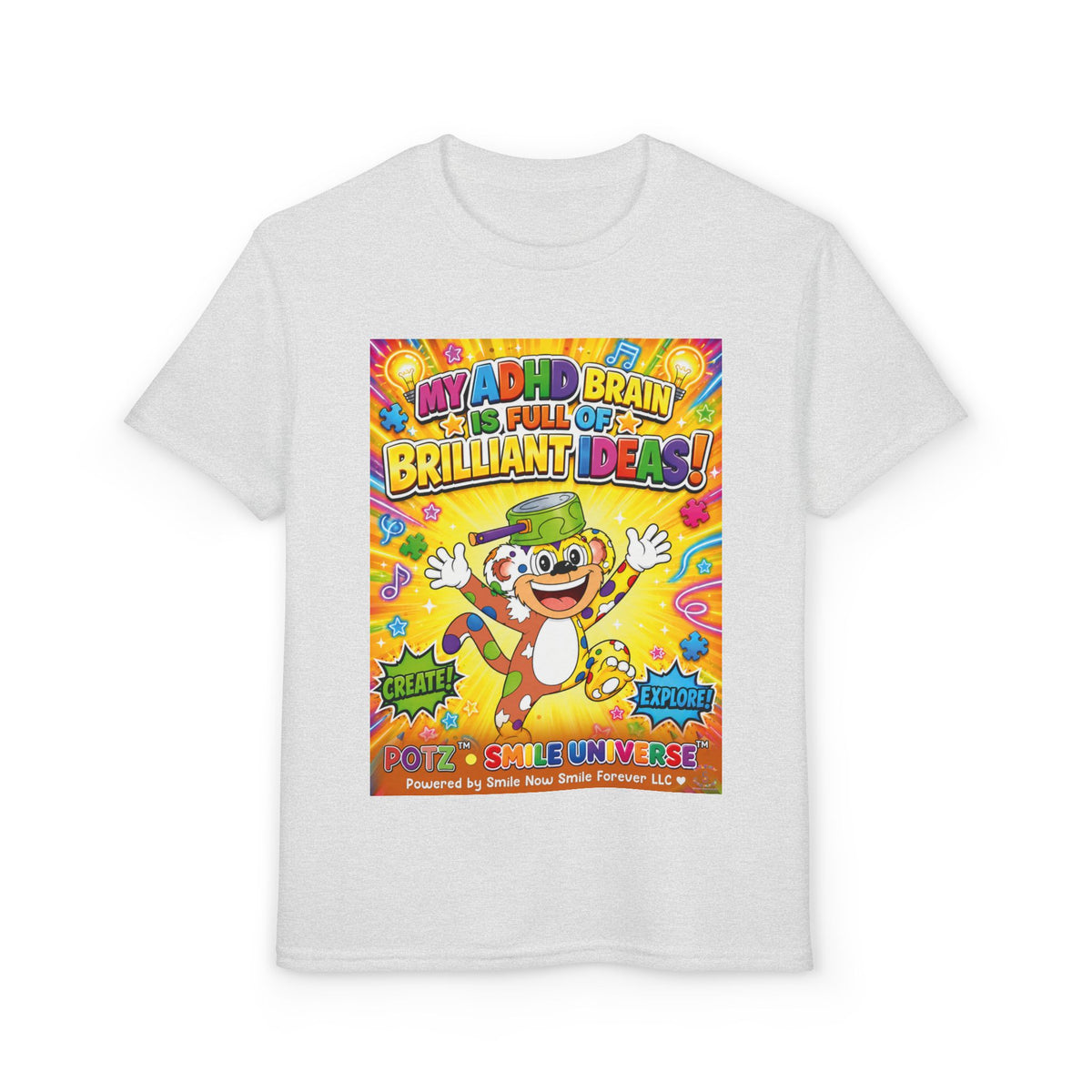 Potz™ Youth DryBlend® T-Shirt – "My ADHD Brain is Full of Brilliant Ideas!" Graphic Tee | Smile Universe Collection