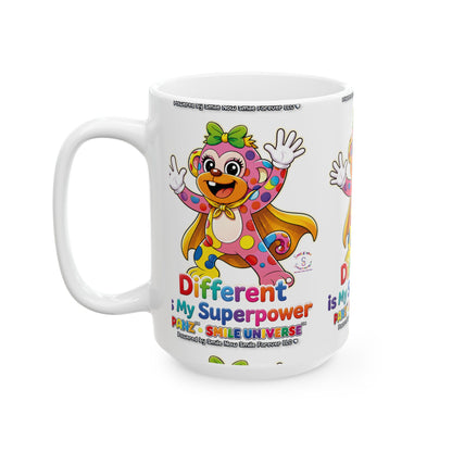 Panz™ Ceramic Mug (11oz & 15oz) – "Different is My Superpower" Graphic | Smile Universe Collection